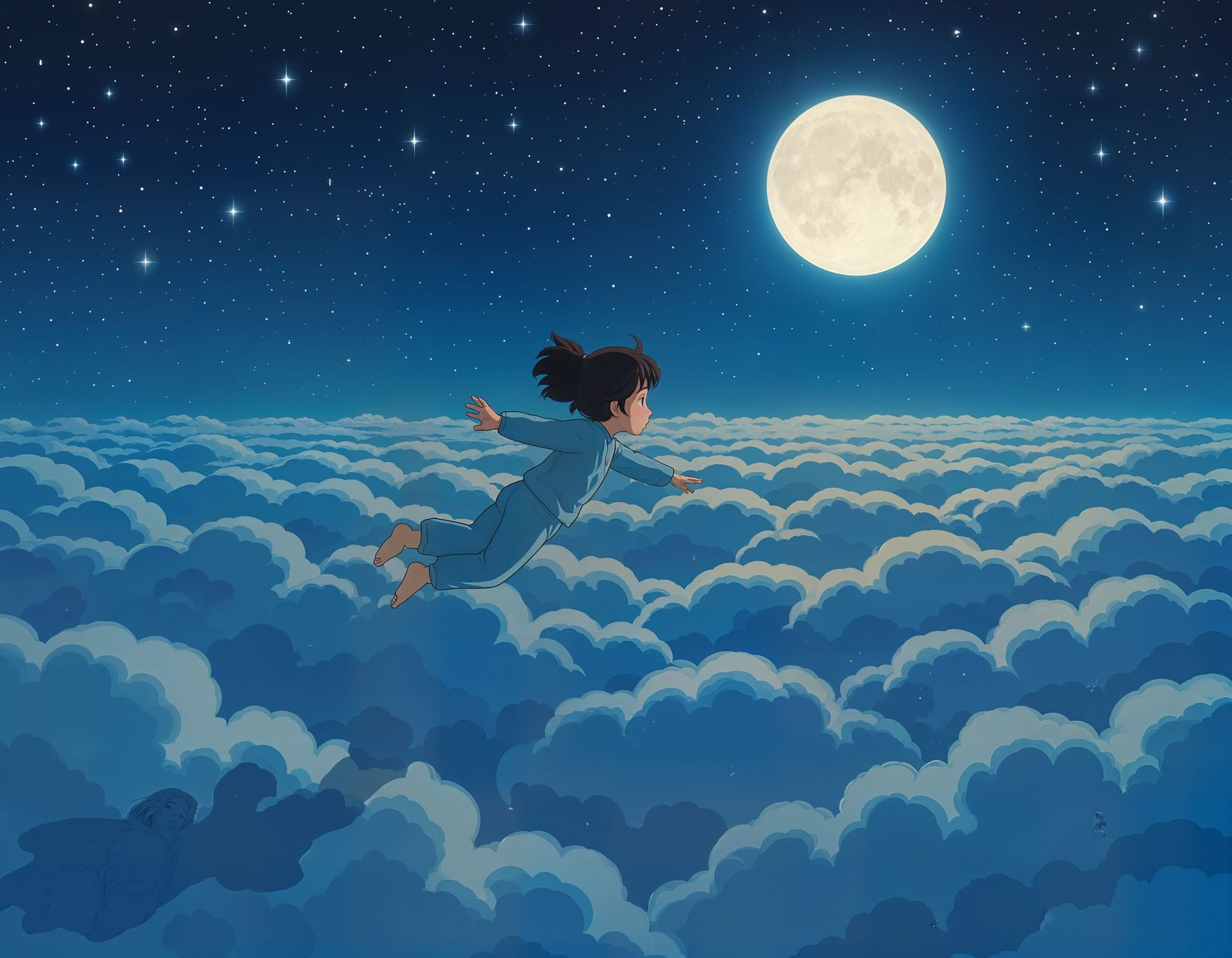 Girl Flies Through Fantastical Night Sky in Anime Style
