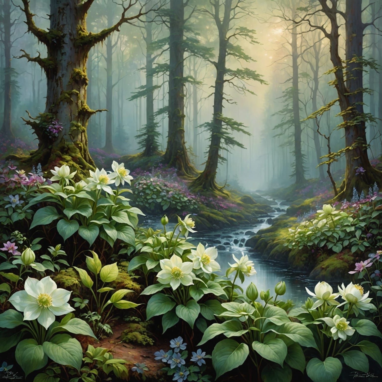 Ethereal Helleborus Flowers in Misty Forest, Fantasy Art