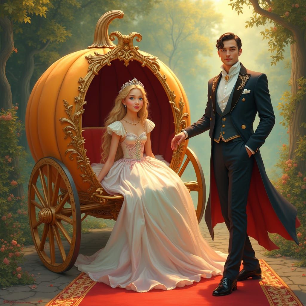 Enchanted Princess in a Golden Pumpkin Carriage