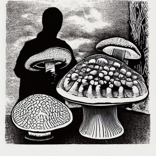 Fly Agaric Mushrooms in Linocut Style