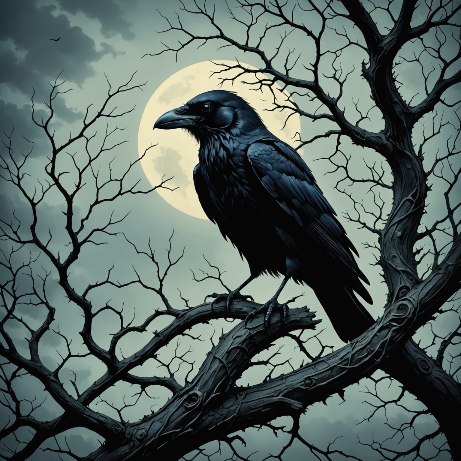 Gothic Crow Perched on Twisted Timber