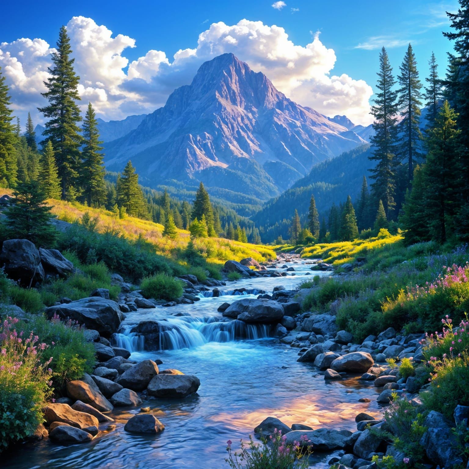 Majestic Mountain Landscape with Waterfalls and Wildflowers