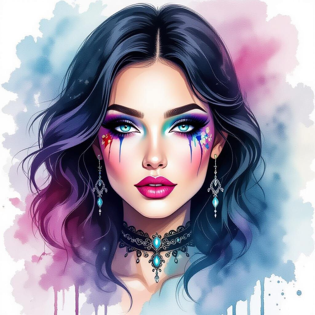 Gothic Woman Makeup in Watercolor Ink Style