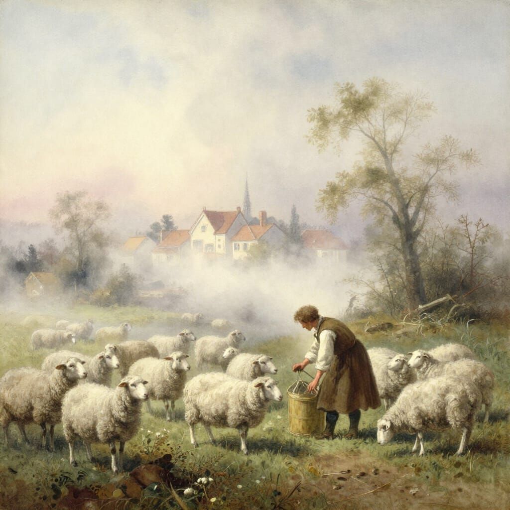 Misty Pastoral Landscape with Shepherd and Flock
