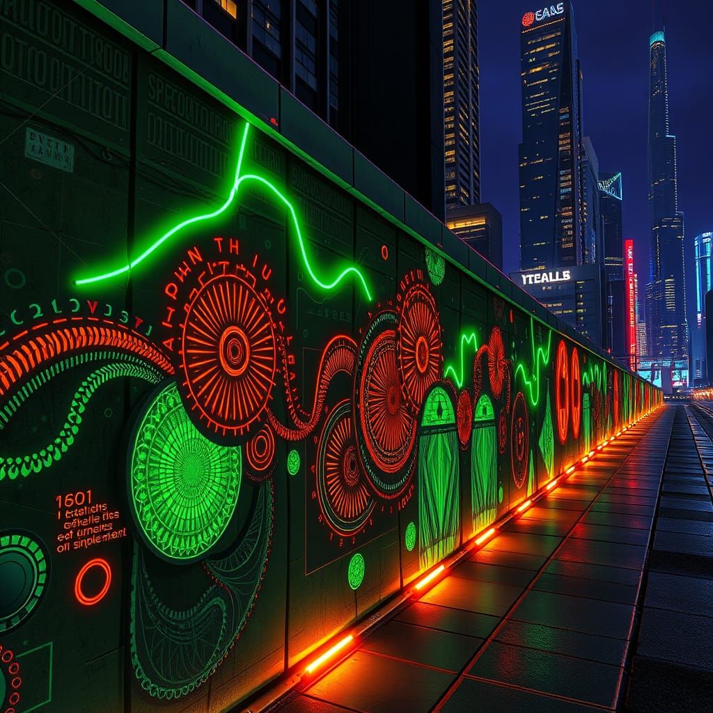 Futuristic Cityscape at Night with Neon Graffiti