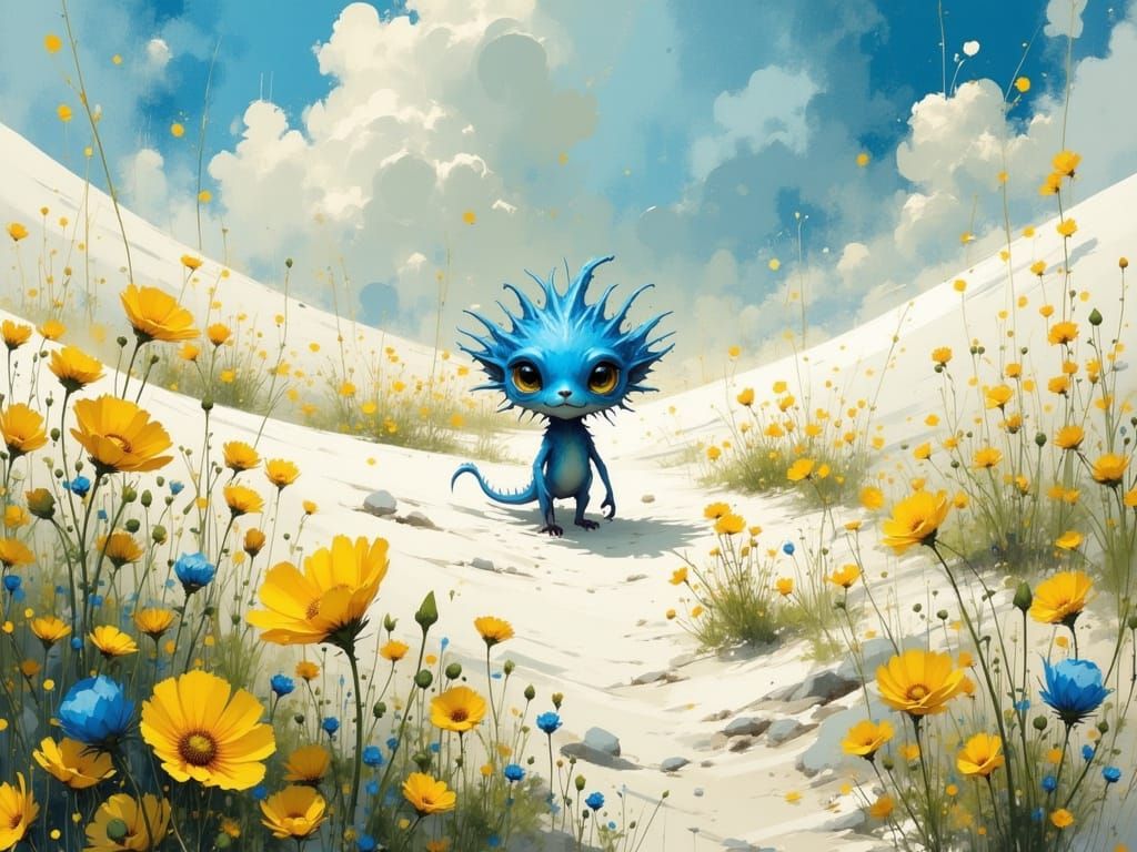 Surreal Dreamscape with Blue Creature, Imaginative Realism