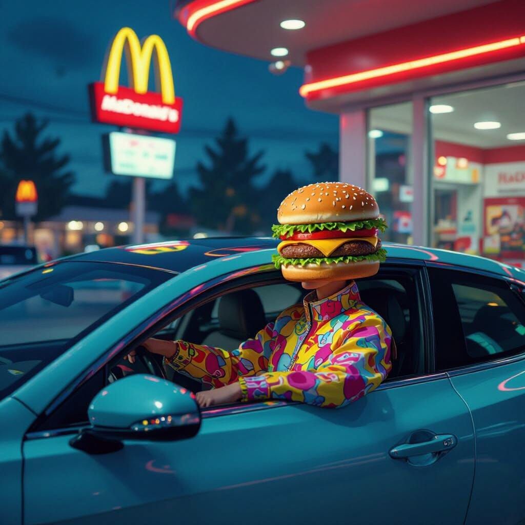 Burger Person at McDonald's Drive-Thru in Pop Art Style