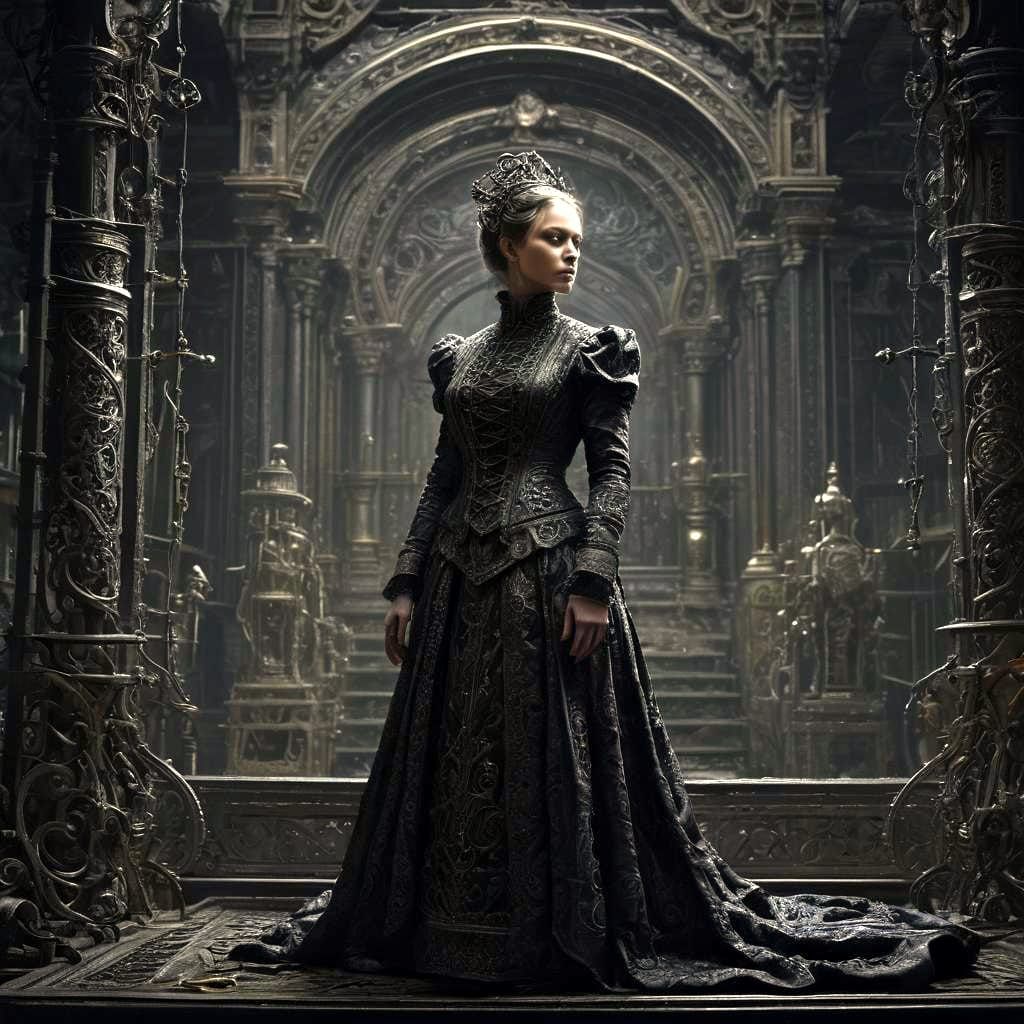 Portrait of midwife on dais in dystopian factory, filigree a...