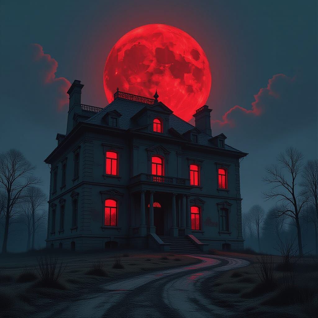 Abandoned Mansion Under Blood-Red Moonlight