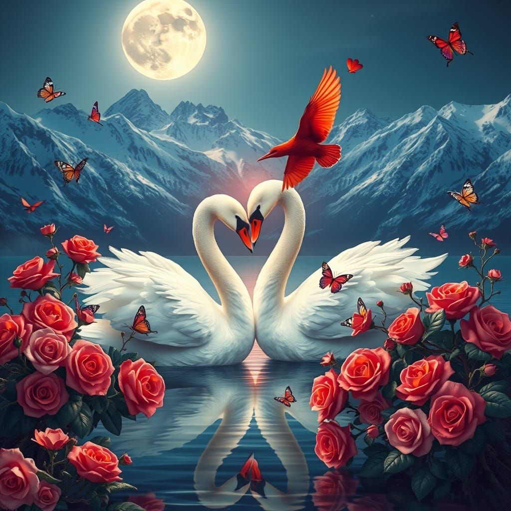 Romantic White Swans with Vibrant Red Wings in Moonlit Seren...