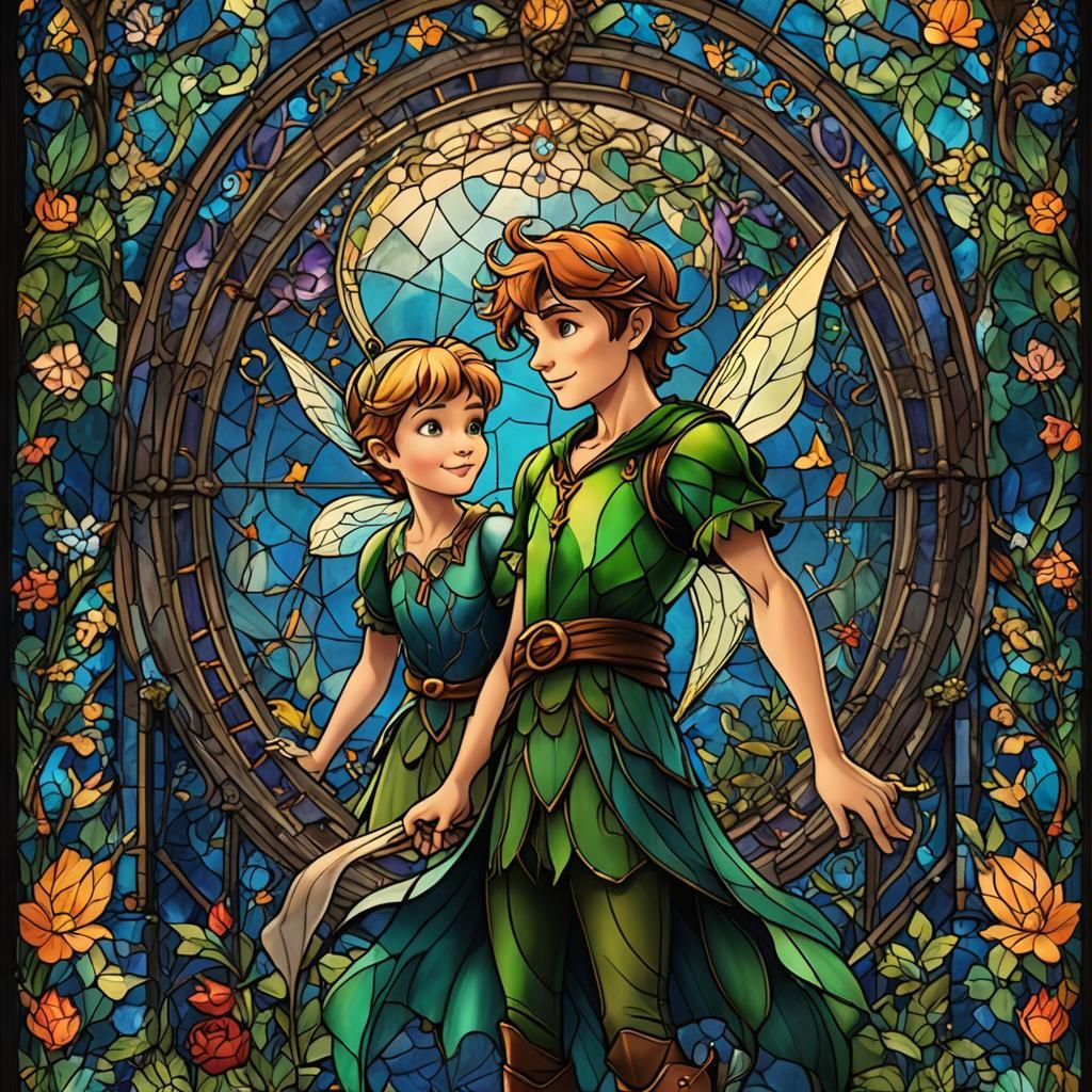 Peter Pan and Tinkerbell in Stained Glass Art