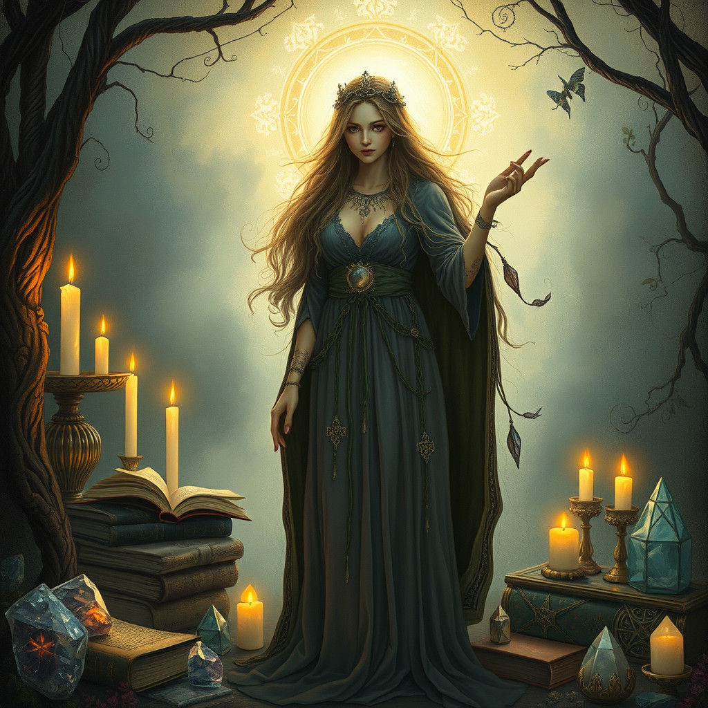 Ethereal Wiccan Priestess in Moonlit Glade