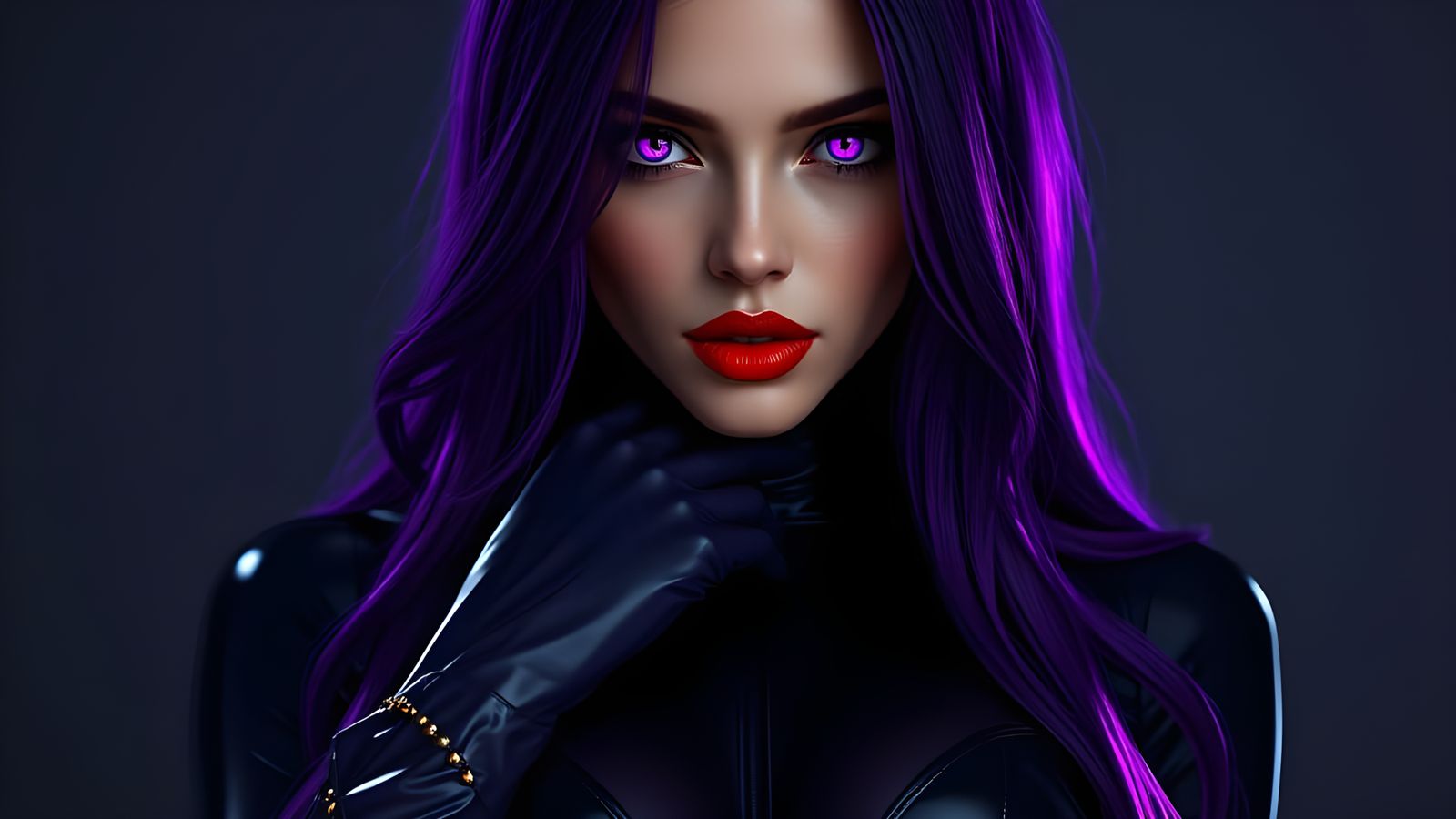 Purple Haired Woman in Latex Catsuit, Hyperrealistic