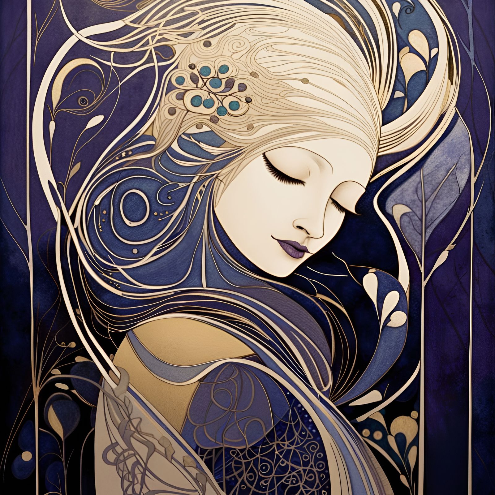 Art Nouveau Woman Illustration in Ivory and Indigo