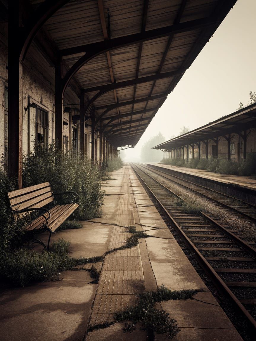 Abandoned Railway Station in Muted, Atmospheric Style
