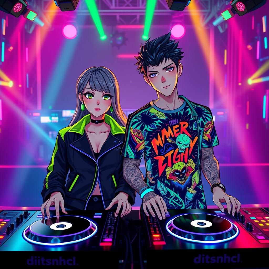 Futuristic DJ Couple in Neon Lit Nightclub