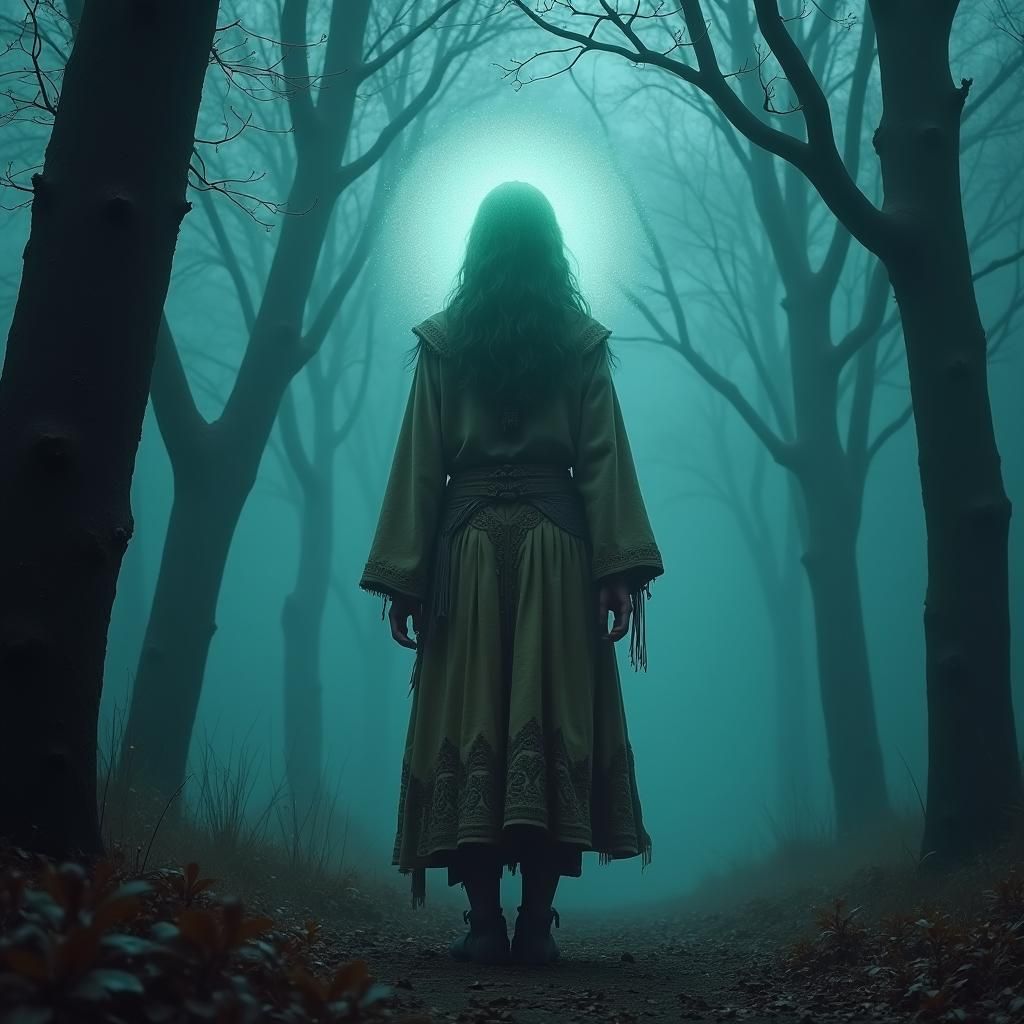 Mystical Figure in Ethereal Forest: Matte Painting