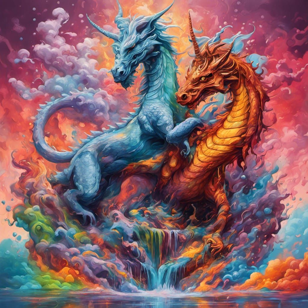 Dragon Protecting Unicorn in Graffiti Street Art