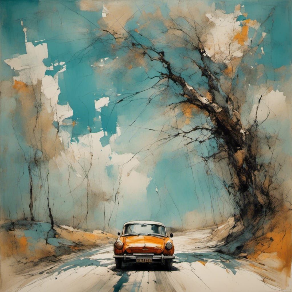 Car driving down the road on a sunny day <lora:Woodsplash:1....