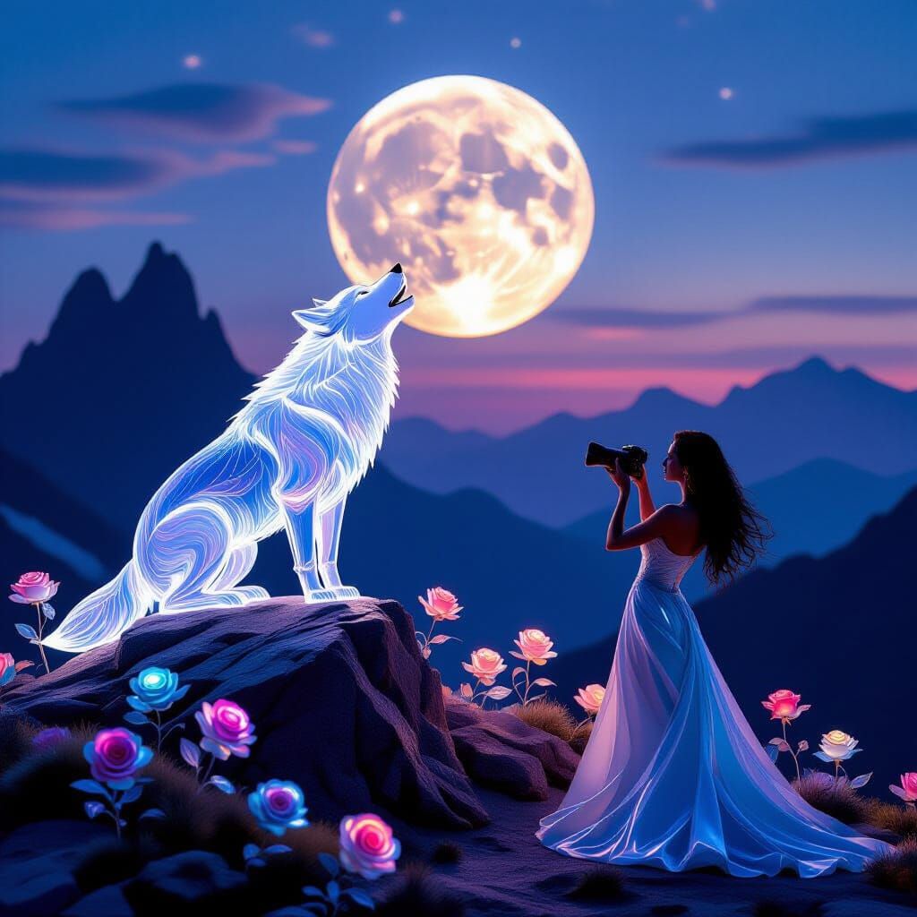 Glass Wolf Howling at Moon with Sculptural Glass Elements