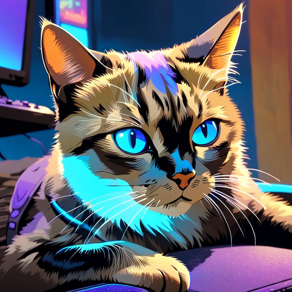 Cat at Gaming Station in Neon-Lit Fantasy Art