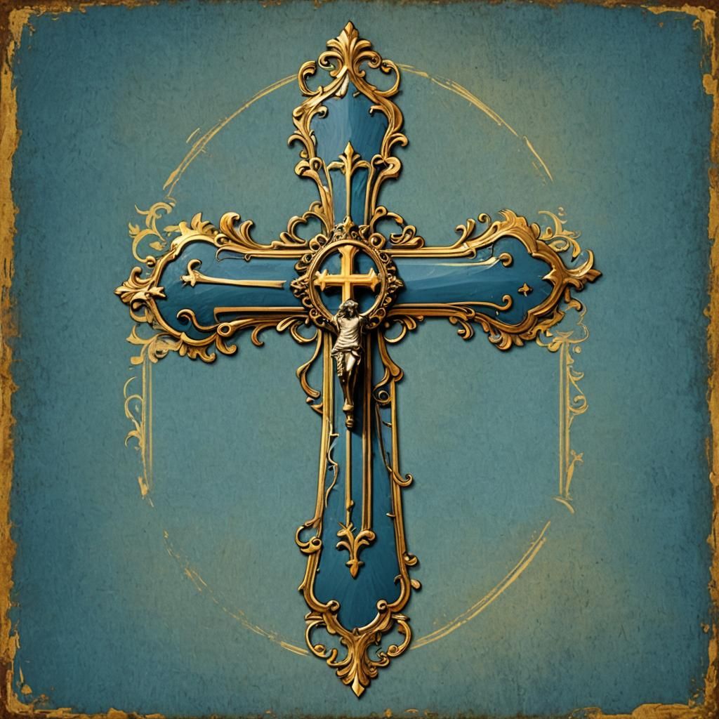 Antique Yellow Cross on Blue and Gold Banner