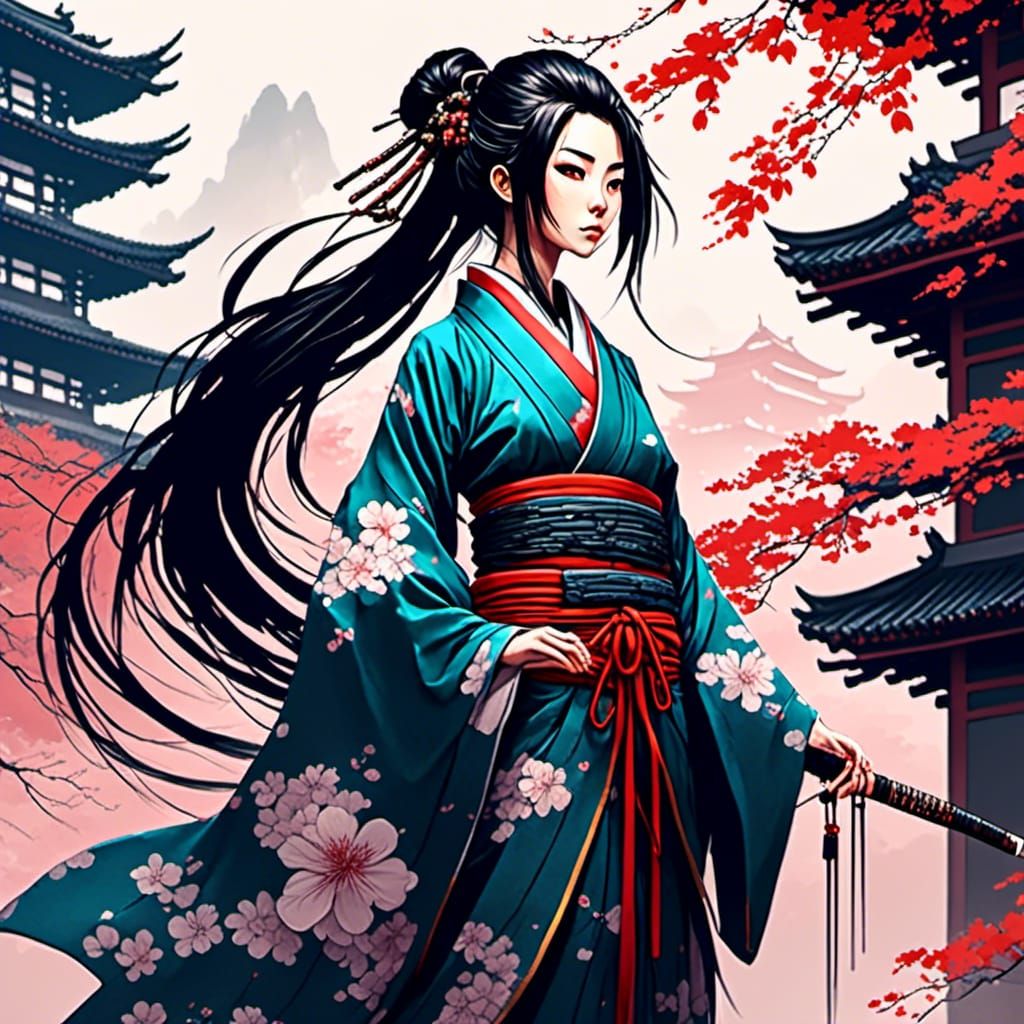 Cyberpunk Samurai Woman in Kimono: Vector Art