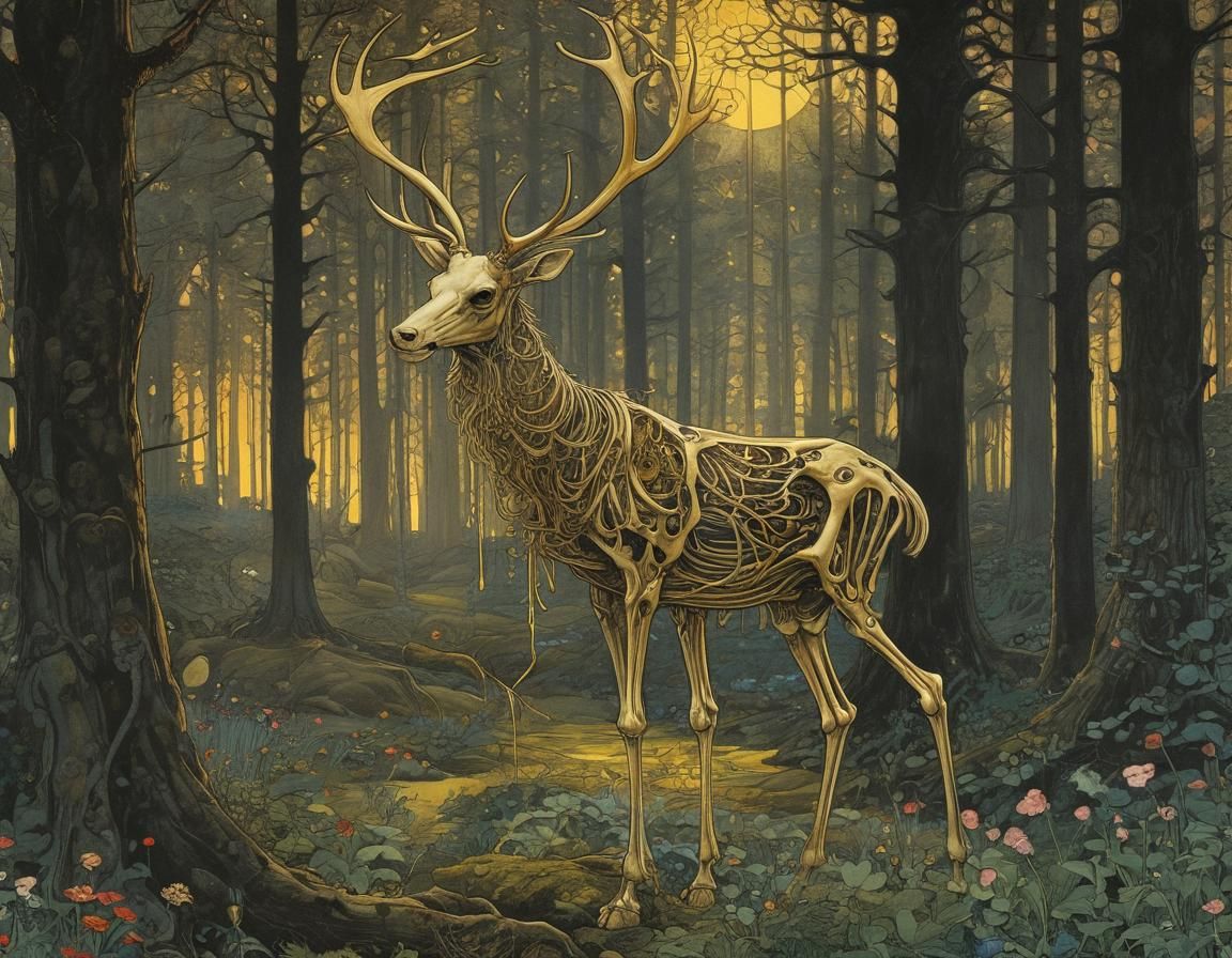 Skeleton Stag in Wooded Glade, Golden Age Illustration