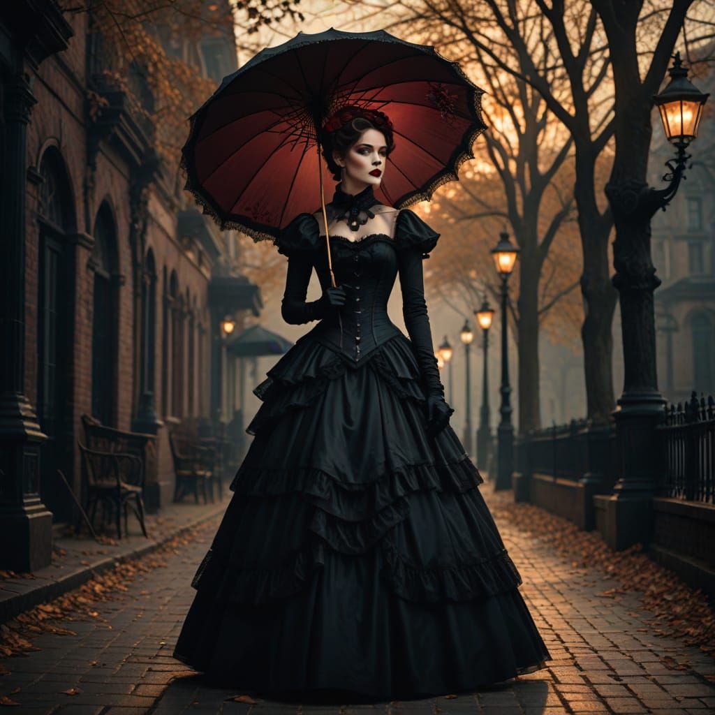 Gothic Woman with Parasol in Dark Academia Style