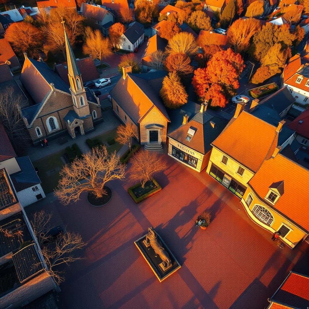 Autumnal Town Square at Sunset, Photorealistic Style