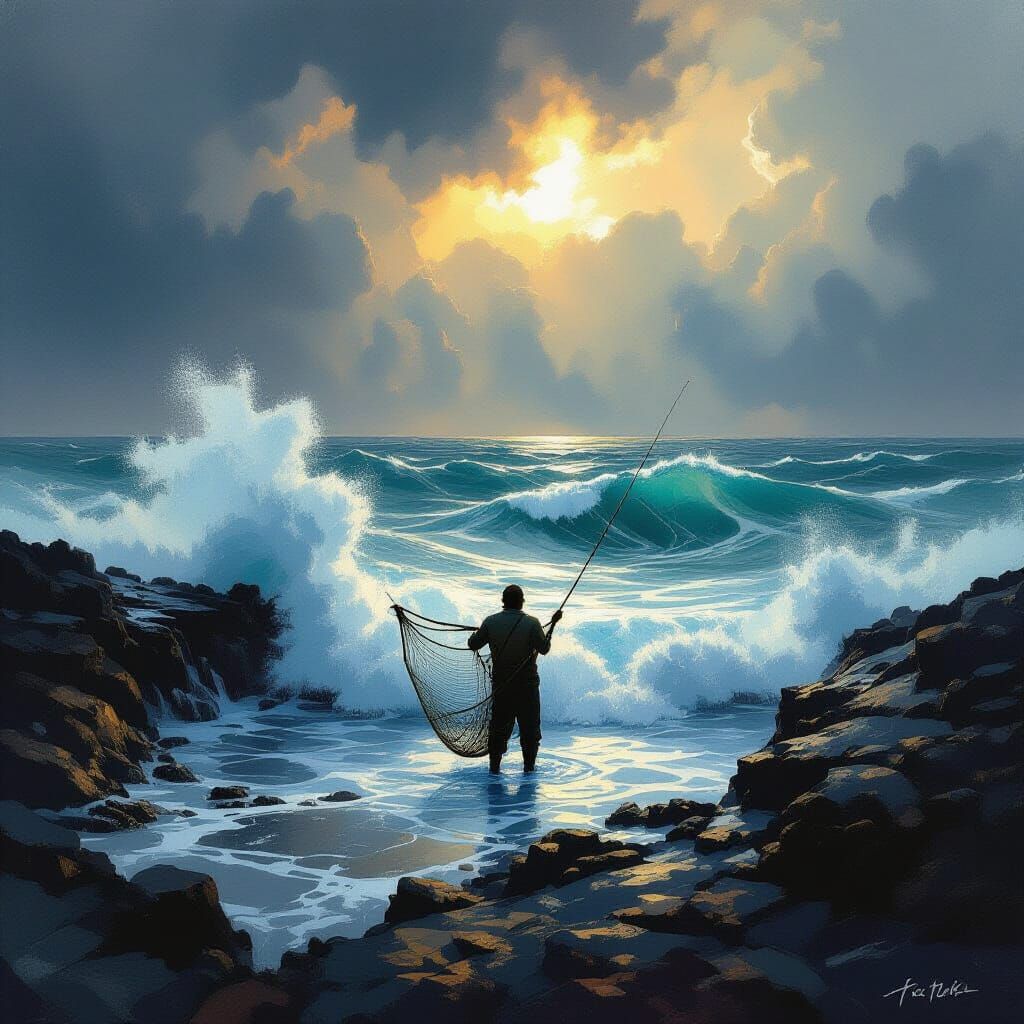 Fisherman Casts Net Into Stormy Ocean with Dramatic Light