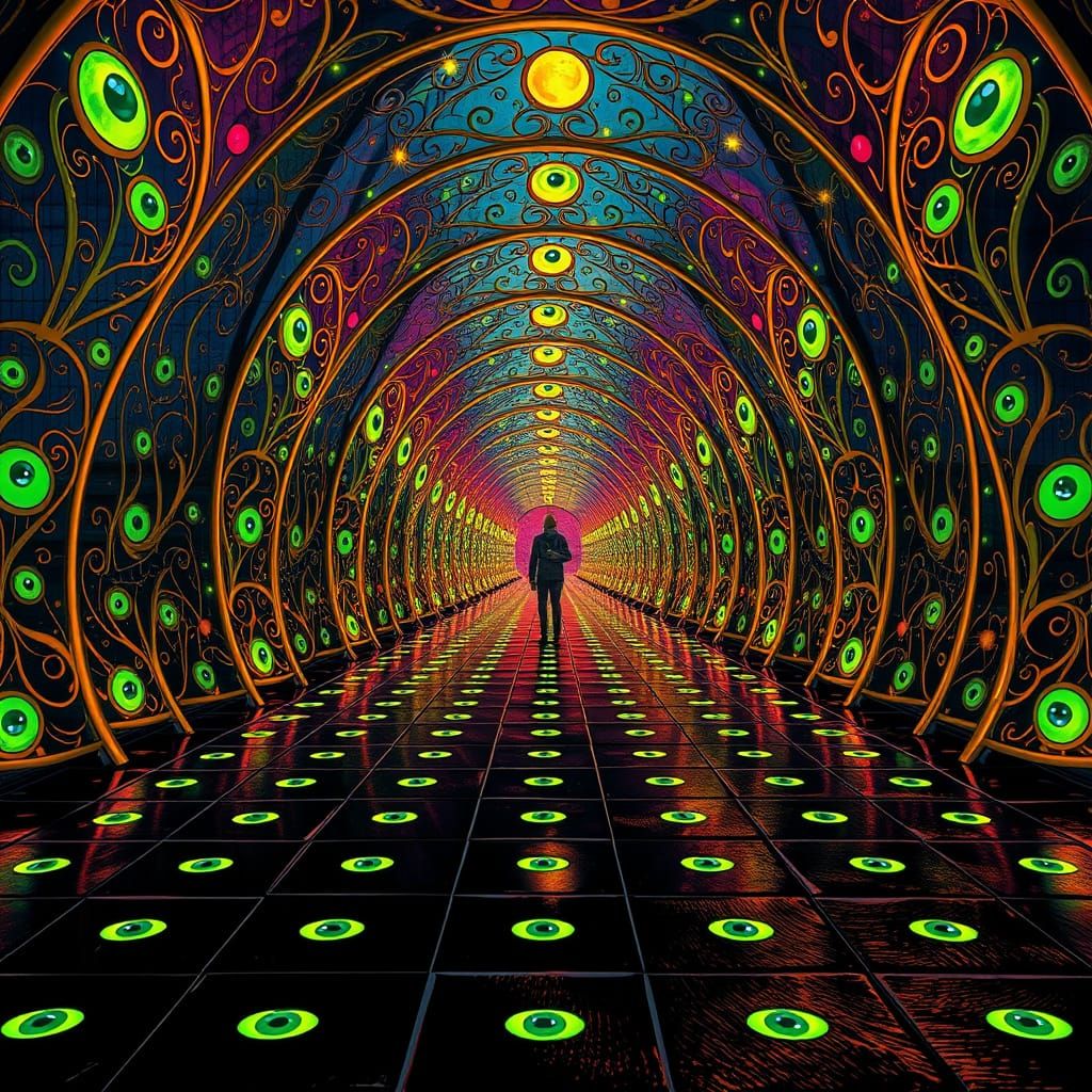 Surreal hallway with green eyes 1