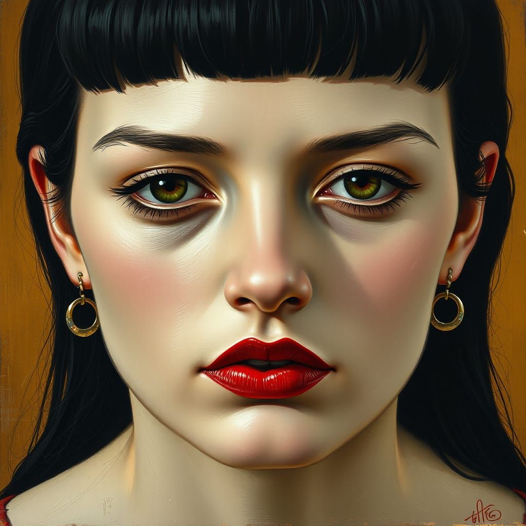 Woman in Golden Renaissance Portrait with Bold Red Lips