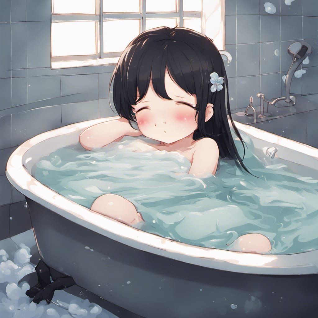 Chibi Anime Girl Asleep in Bathtub