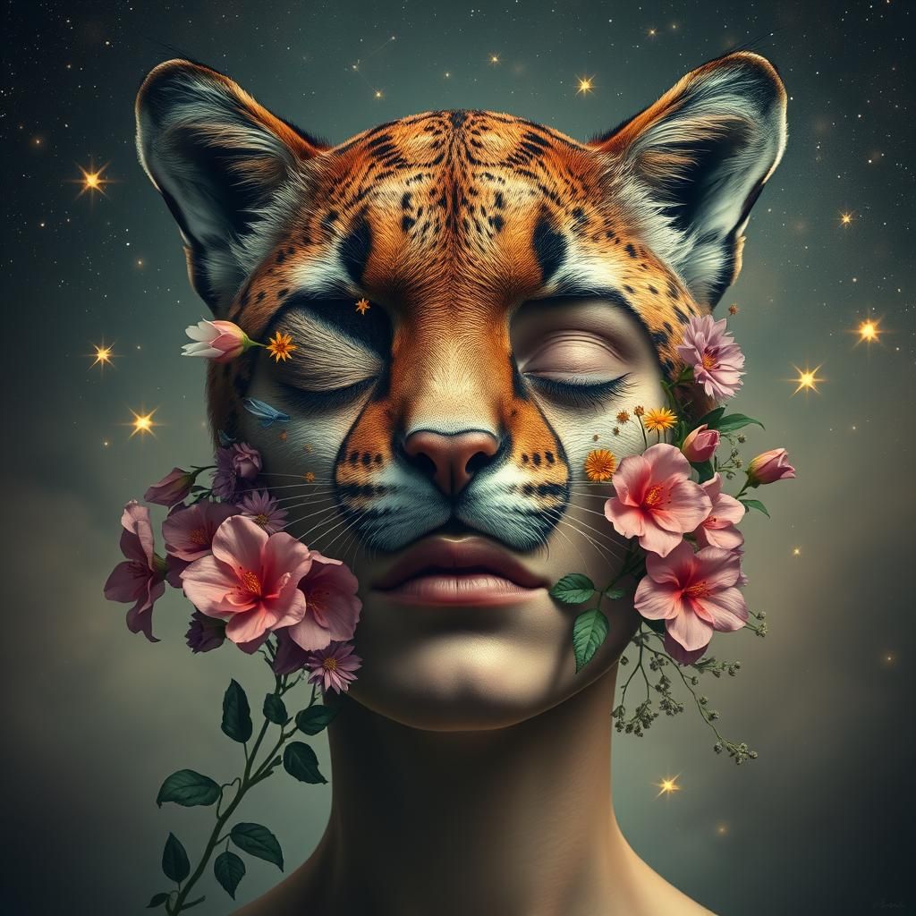 Surreal Cosmic Portrait of a Morphing Face and Cougar