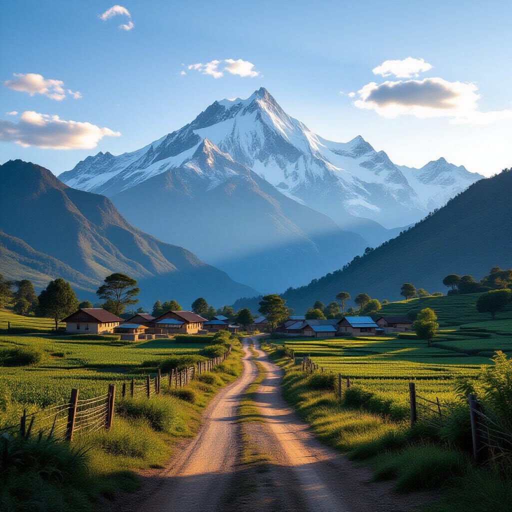 Bantu Village at Snow-Capped Mountains: Golden Hour Landscap...