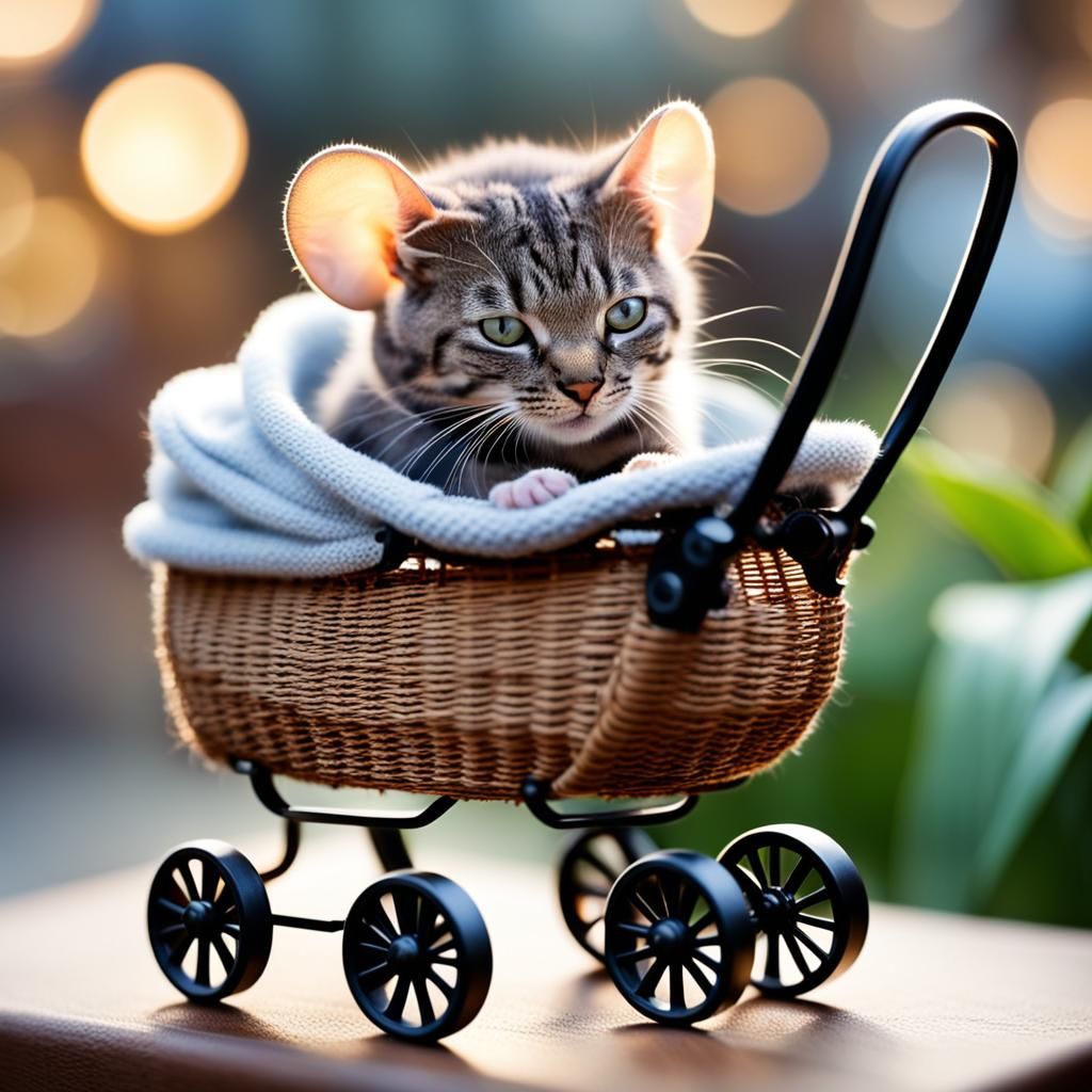Mouse Tucking Cat into Carriage: Professional Photo