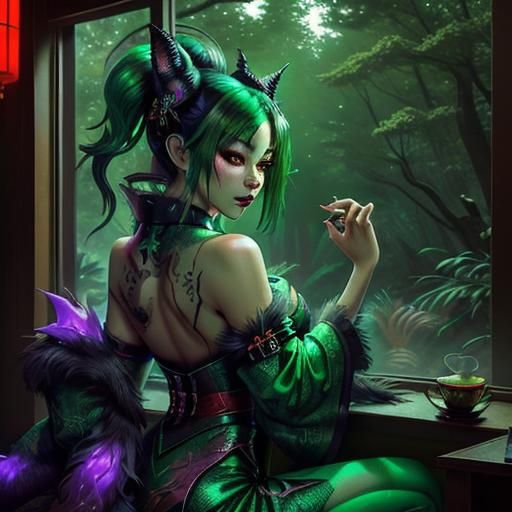 Emerald Dragon Dream in Library, Synthwave Style