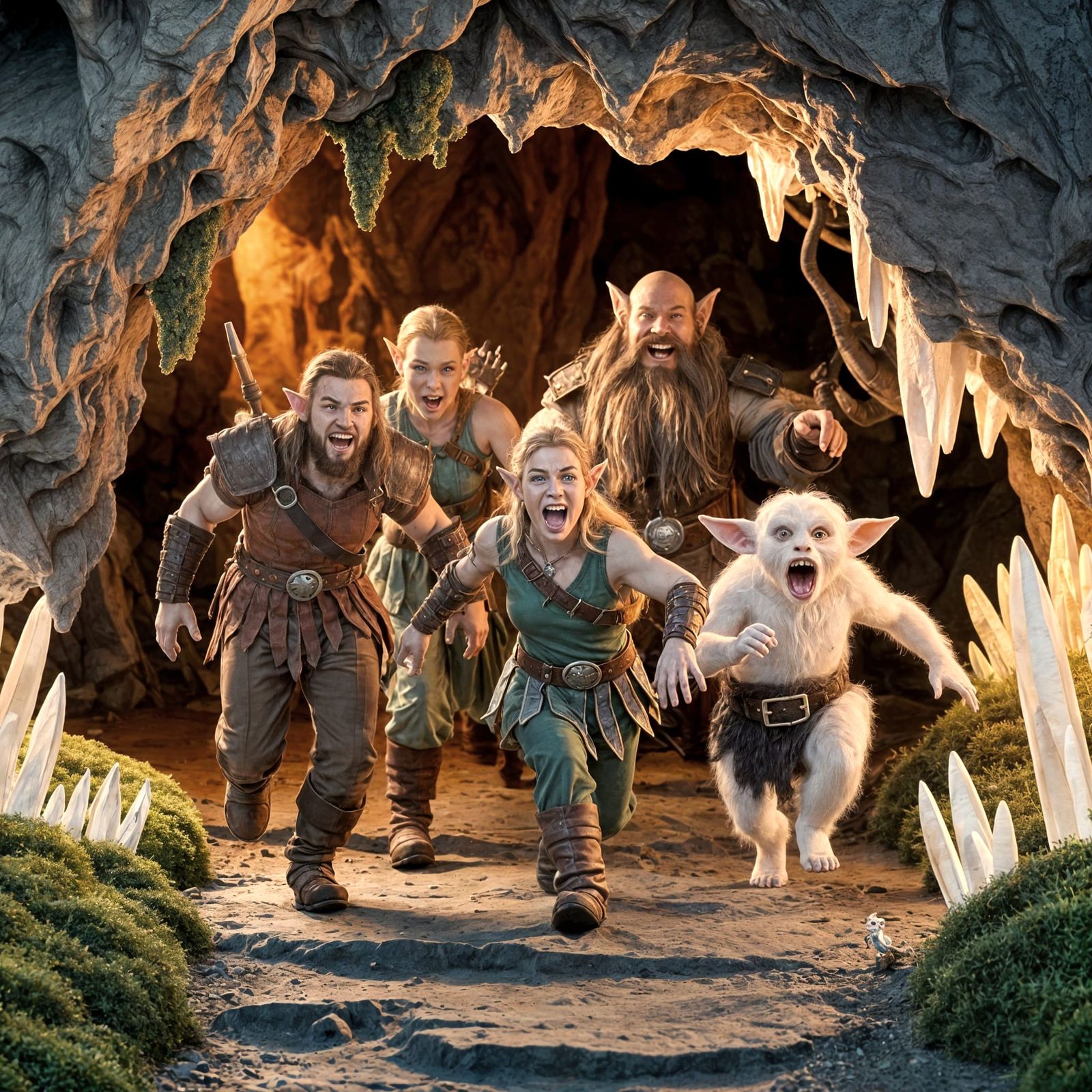 Fantasy Adventurers in Comical Panic in Glowing Cavern