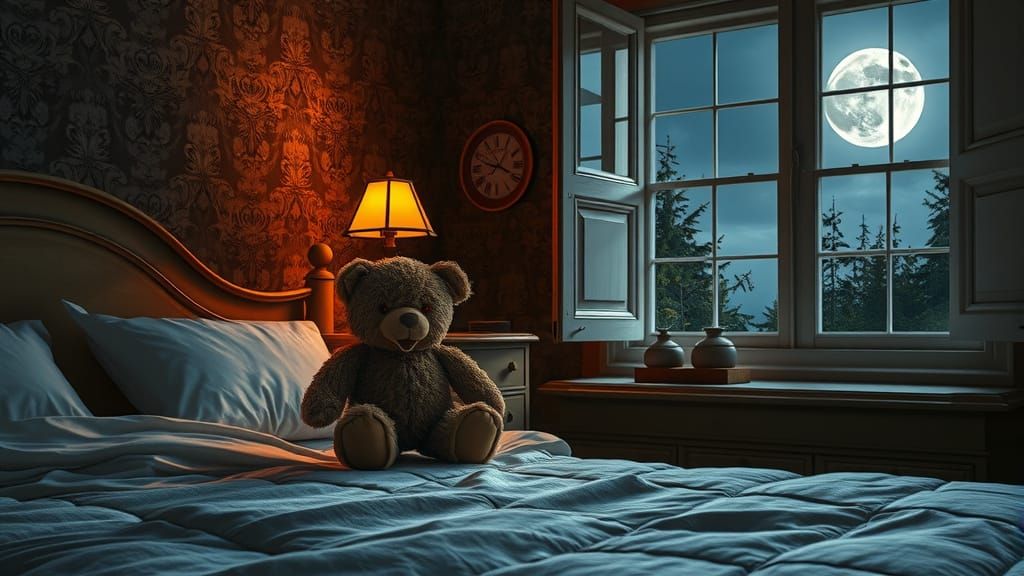 Vampire Teddy Bear on Bed with Full Moon