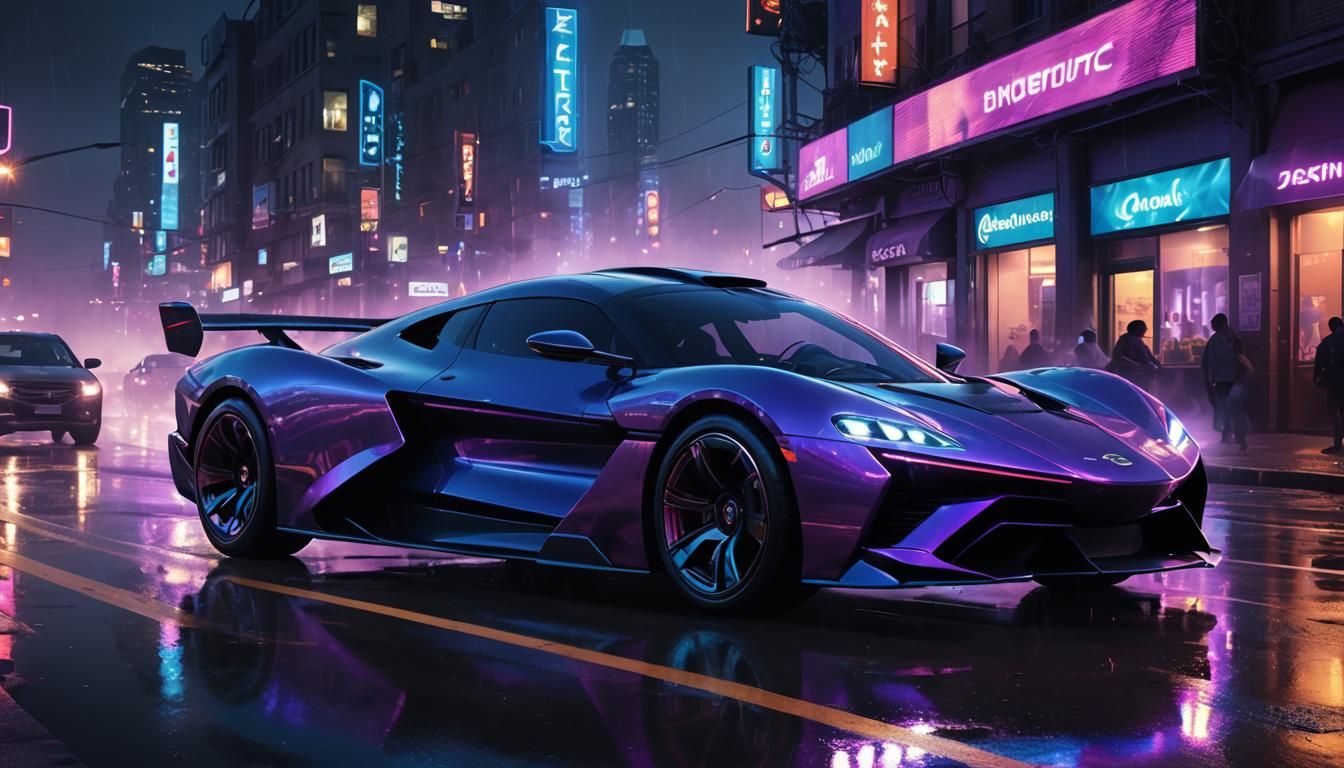 Futuristic Car Speeding Through Neon Cityscape