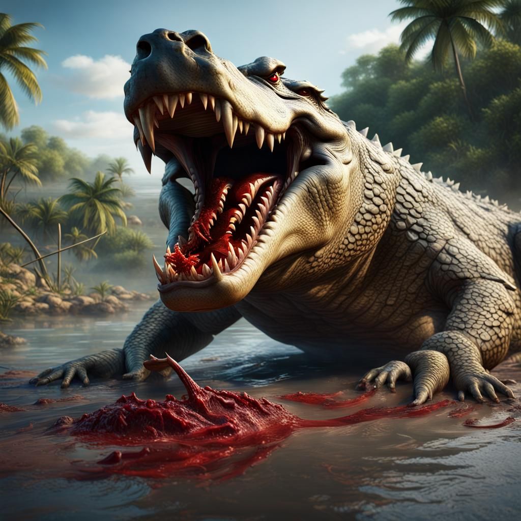 Crocodile Attacks Lion: Detailed Matte Painting