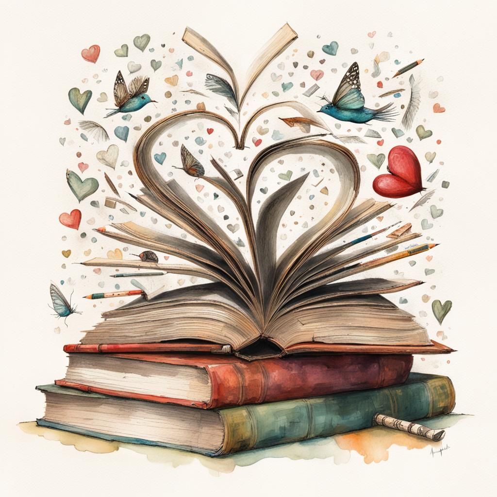 Whimsical Books and Hearts Expressing Joy of Learning