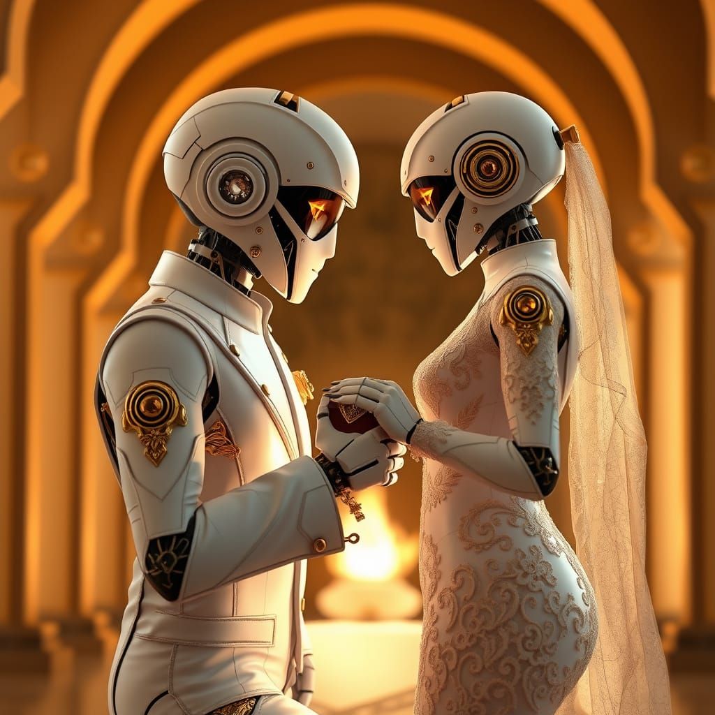 Robot Couple's Intimate Wedding Moment in Elegant Cyberpunk ...