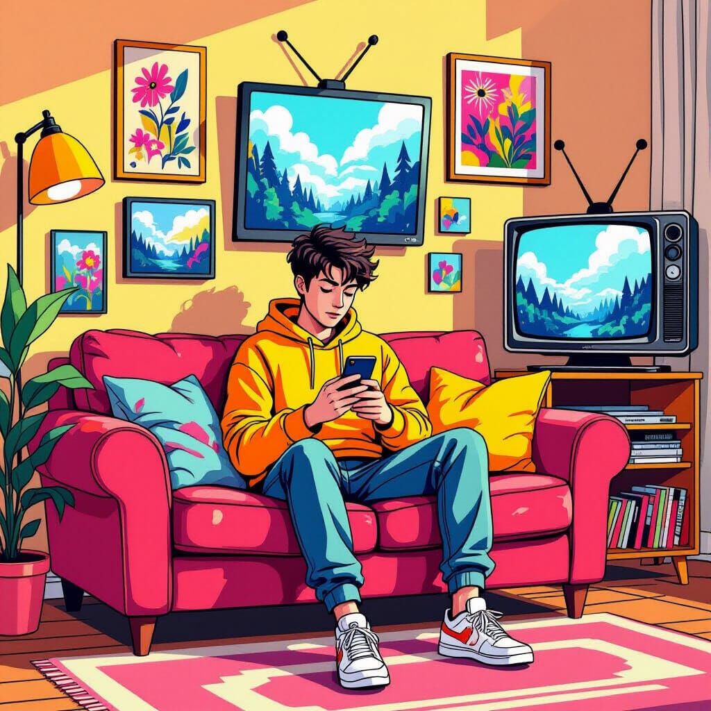Person Surrounded by Screens in Playful Art Style