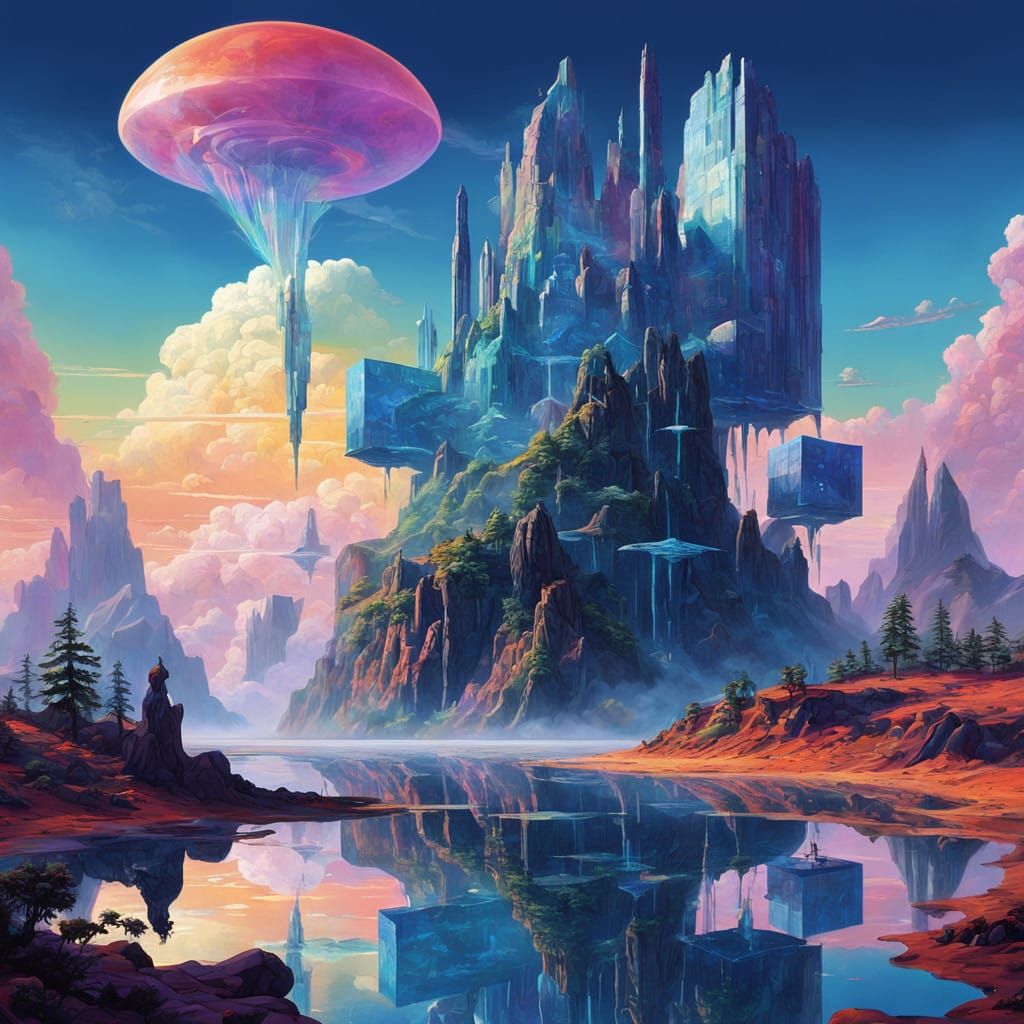 Luminescent Rainbow Cubes Amidst Iridescent Clouds