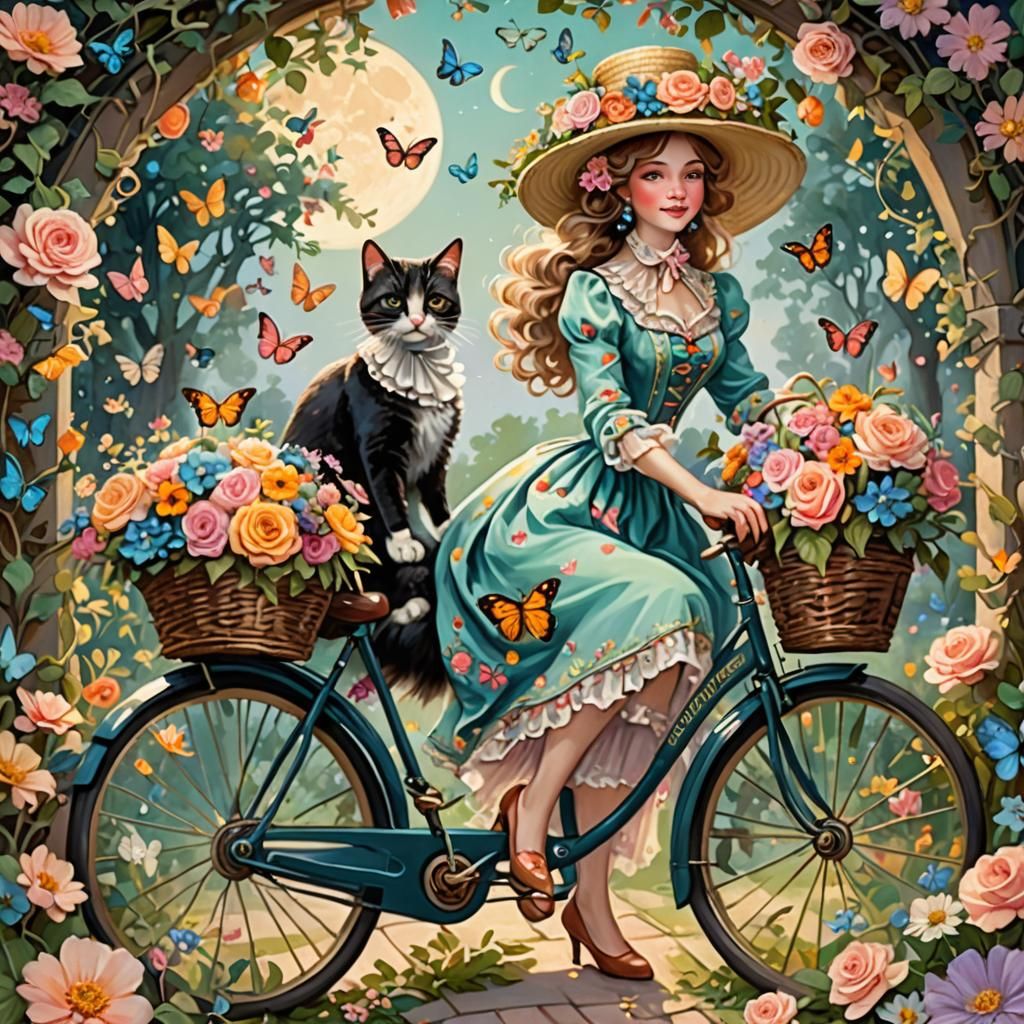 Whimsical Rococo Woman Rides Bicycle with Cat