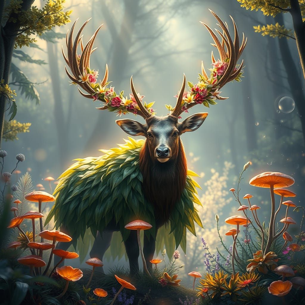 Bioluminescent Stag in Sunlit Forest, Fantasy Art