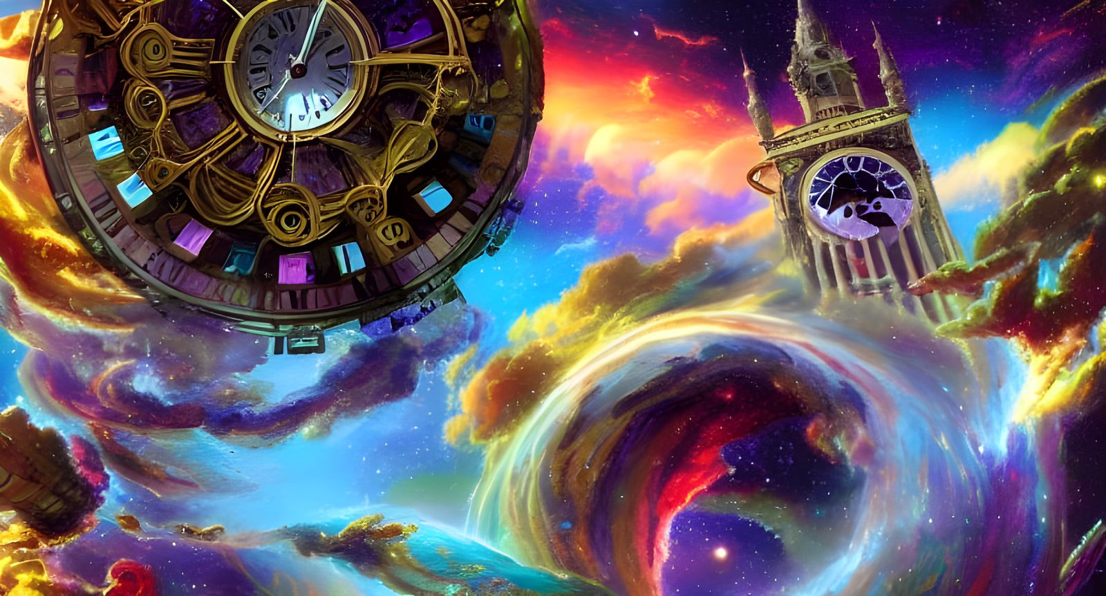 Cosmic Clock Tower in Space with Nebulae
