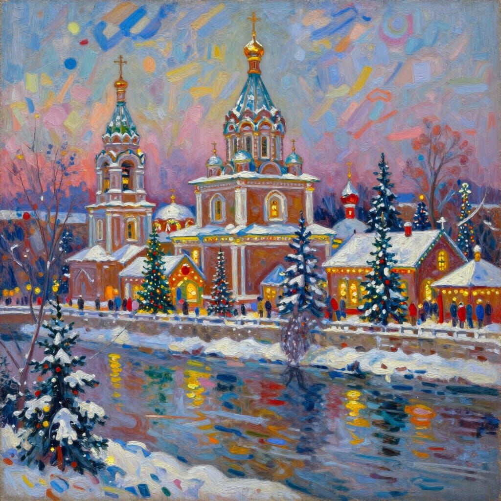 Festive Russian Monastery on Moscow River in Winter